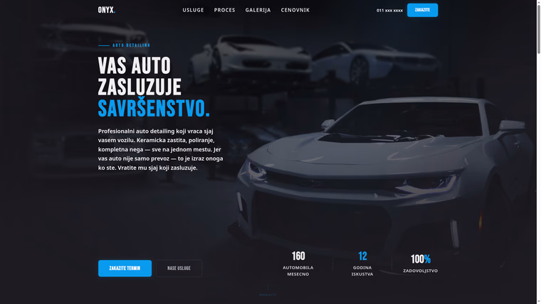ONYX — Auto Detailing — izrada sajta za automobilski biznis, M·LAB portfolio 2026