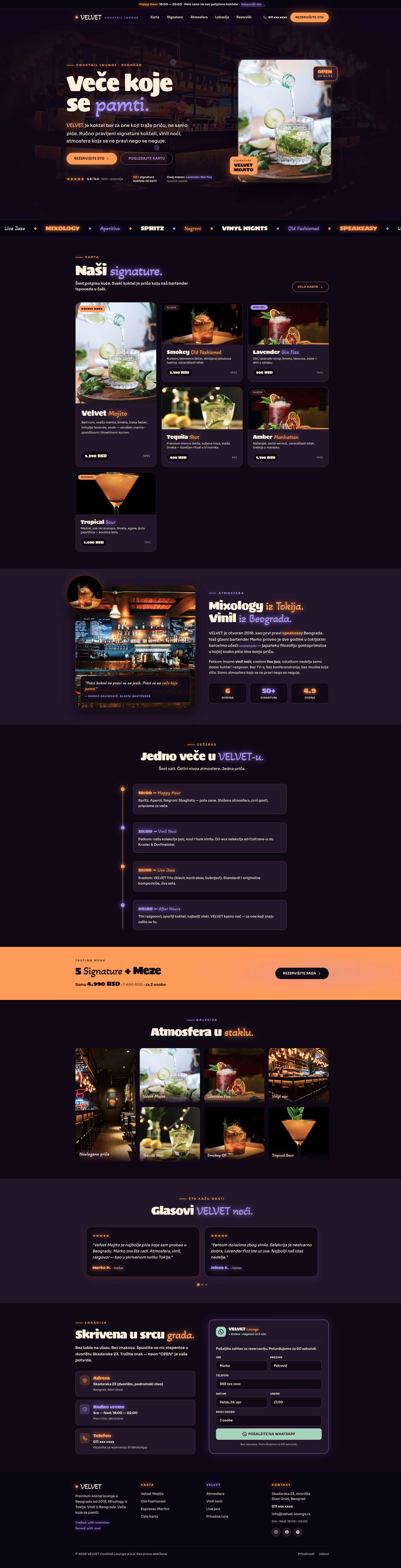 VELVET — Koktel Lounge — kompletan prikaz sajta za izrada sajta za ugostiteljstvo, M·LAB portfolio