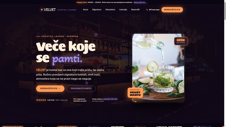 VELVET — Koktel Lounge — izrada sajta za ugostiteljstvo, M·LAB portfolio 2026