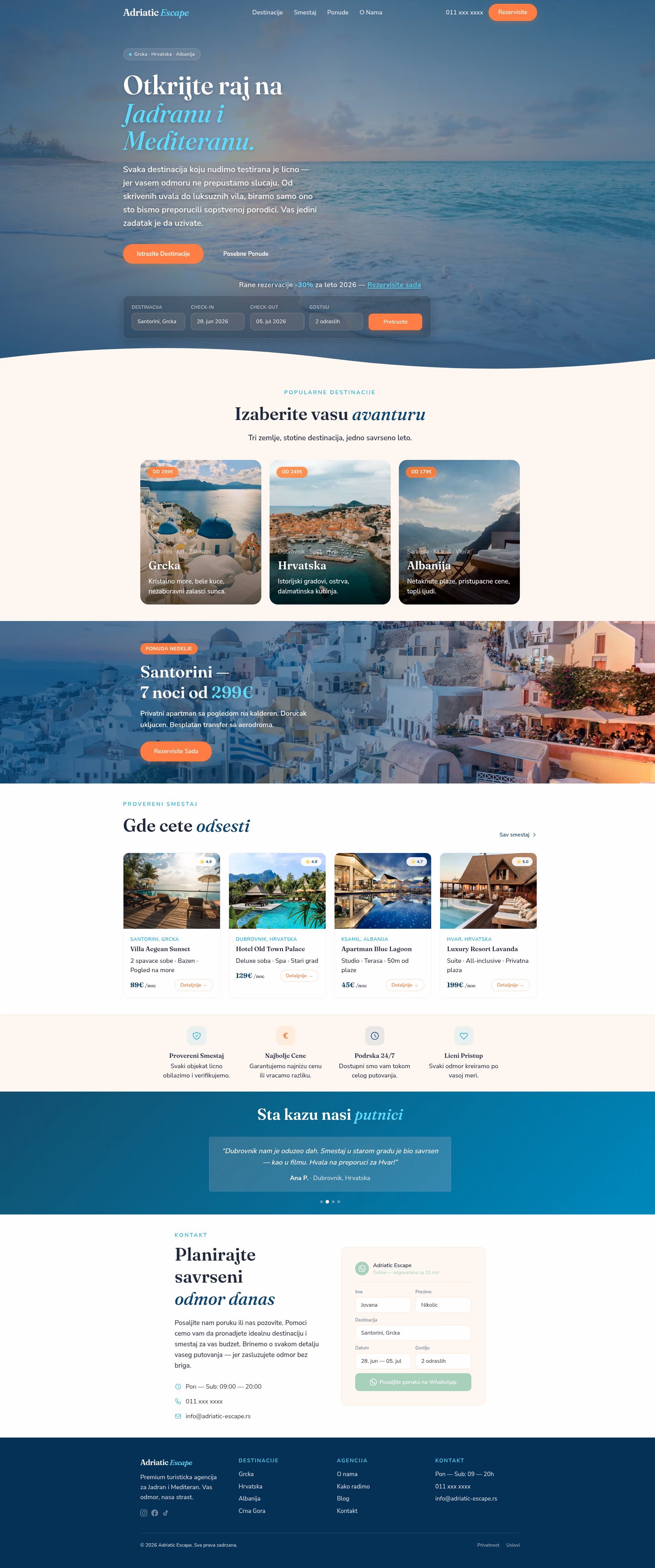 Adriatic Escape — Turizam — kompletan prikaz sajta za izrada sajta za turizam, M·LAB portfolio