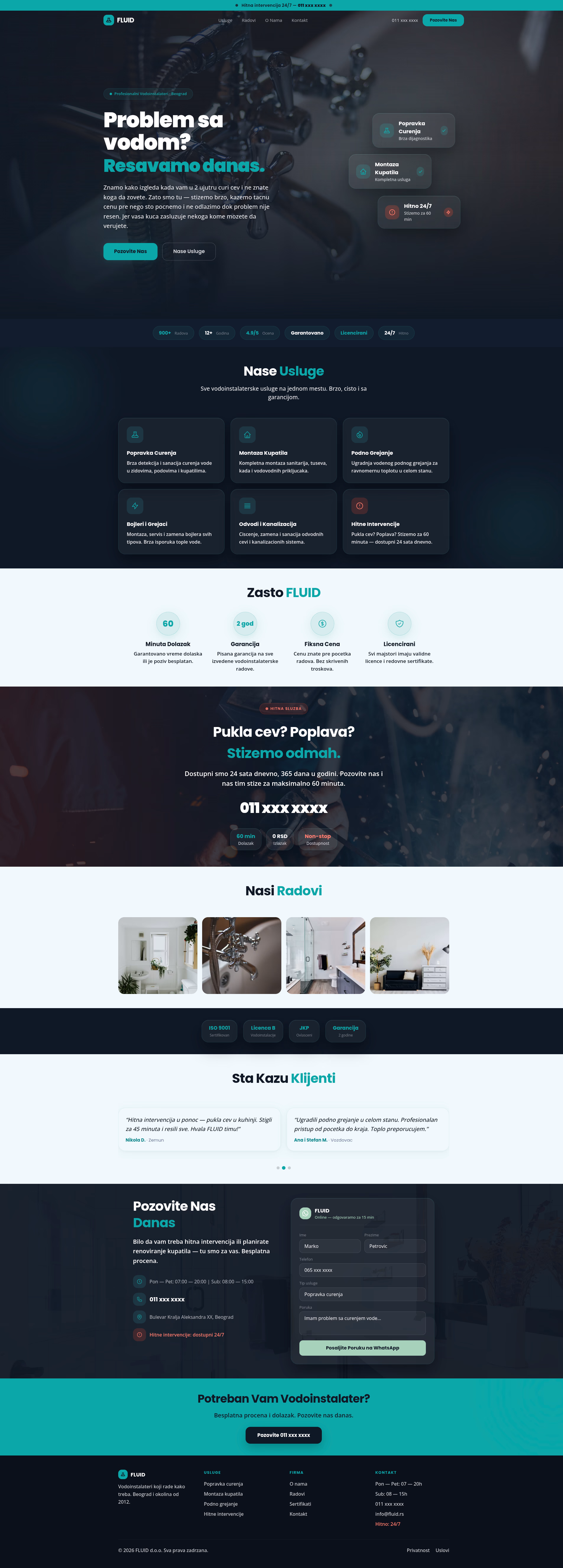 FLUID — Vodoinstalateri — kompletan prikaz sajta za izrada sajta za zanatstvo i građevinu, M·LAB portfolio