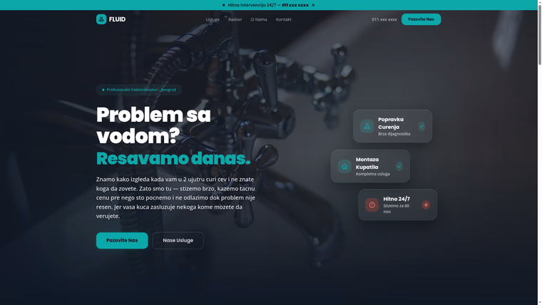 FLUID — Vodoinstalateri — izrada sajta za zanatstvo i građevinu, M·LAB portfolio 2026